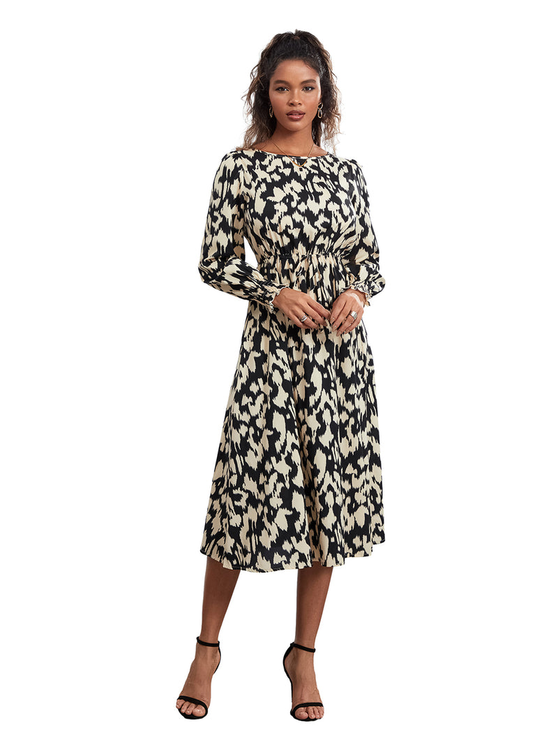 Rovioo Abstract Print Tie-Waist Midi Dress