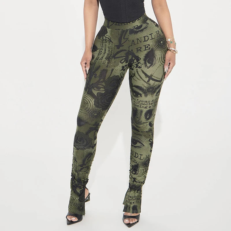 ROVIOO CUTENOVA Women'S Sexy Skinny Slit Abstract Letter Printed High Waist Stretchy Small Leg Split Shrinking Pleated Hem Casual Pants