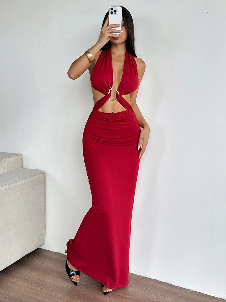 Rovioo Sultry Red Cutout Halter Maxi Dress