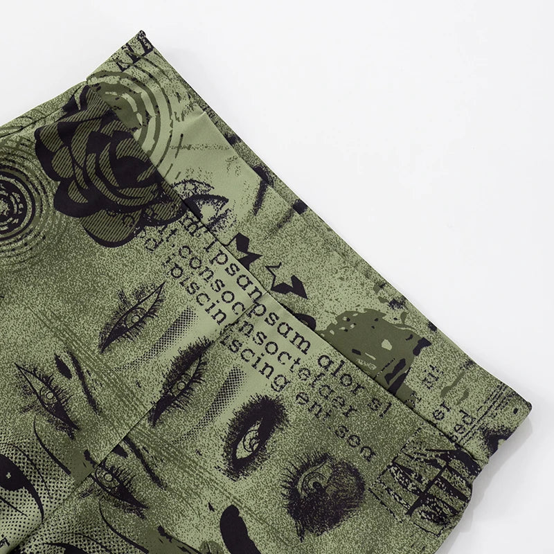 ROVIOO CUTENOVA Women'S Sexy Skinny Slit Abstract Letter Printed High Waist Stretchy Small Leg Split Shrinking Pleated Hem Casual Pants