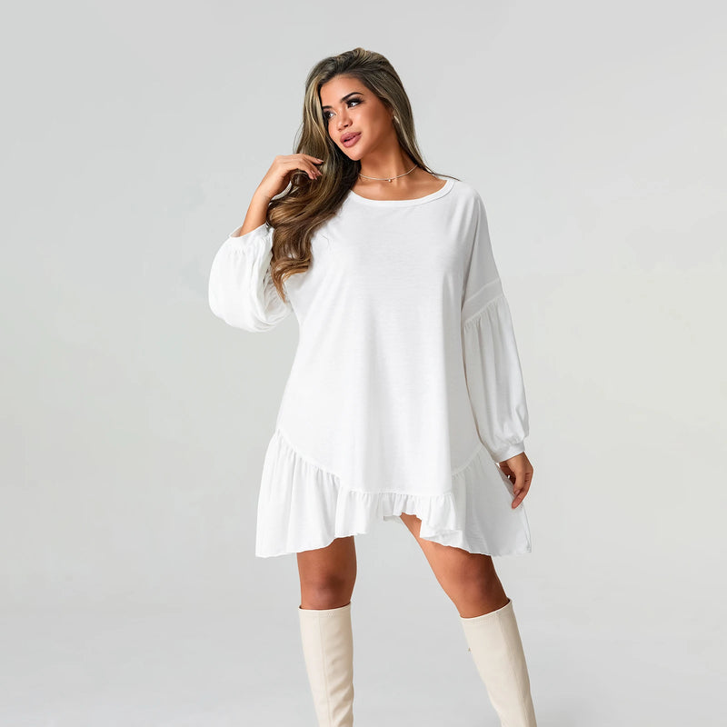 Rovioo White Asymmetric Ruffle Hem Dress with Balloon Sleeves