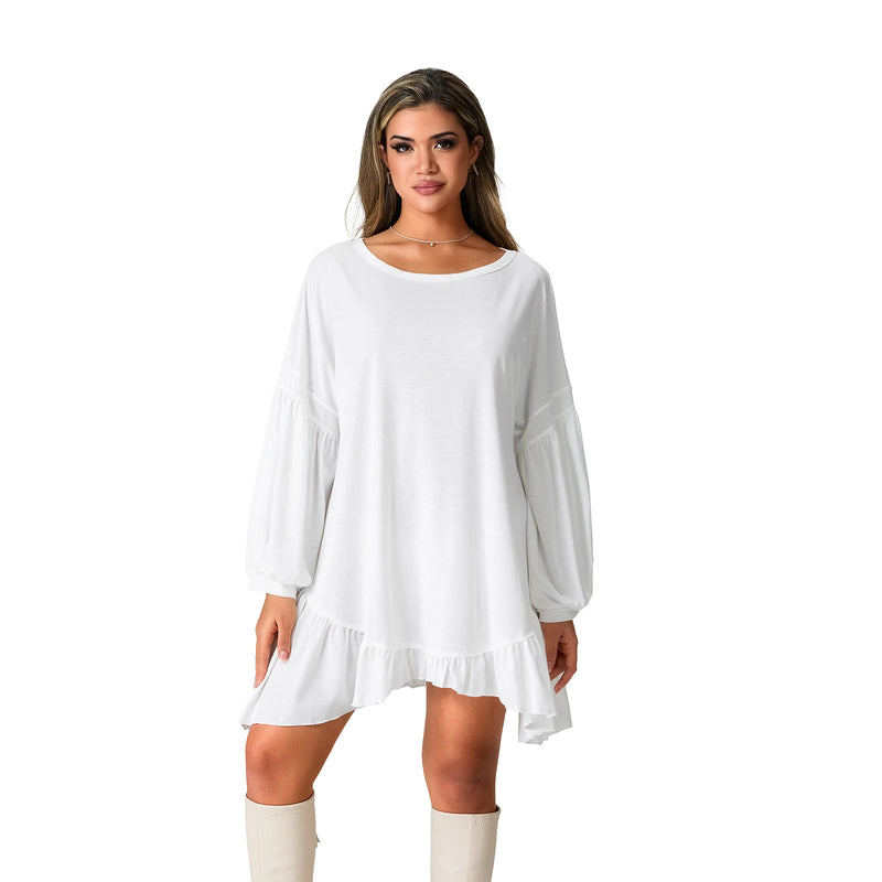 Rovioo White Asymmetric Ruffle Hem Dress with Balloon Sleeves