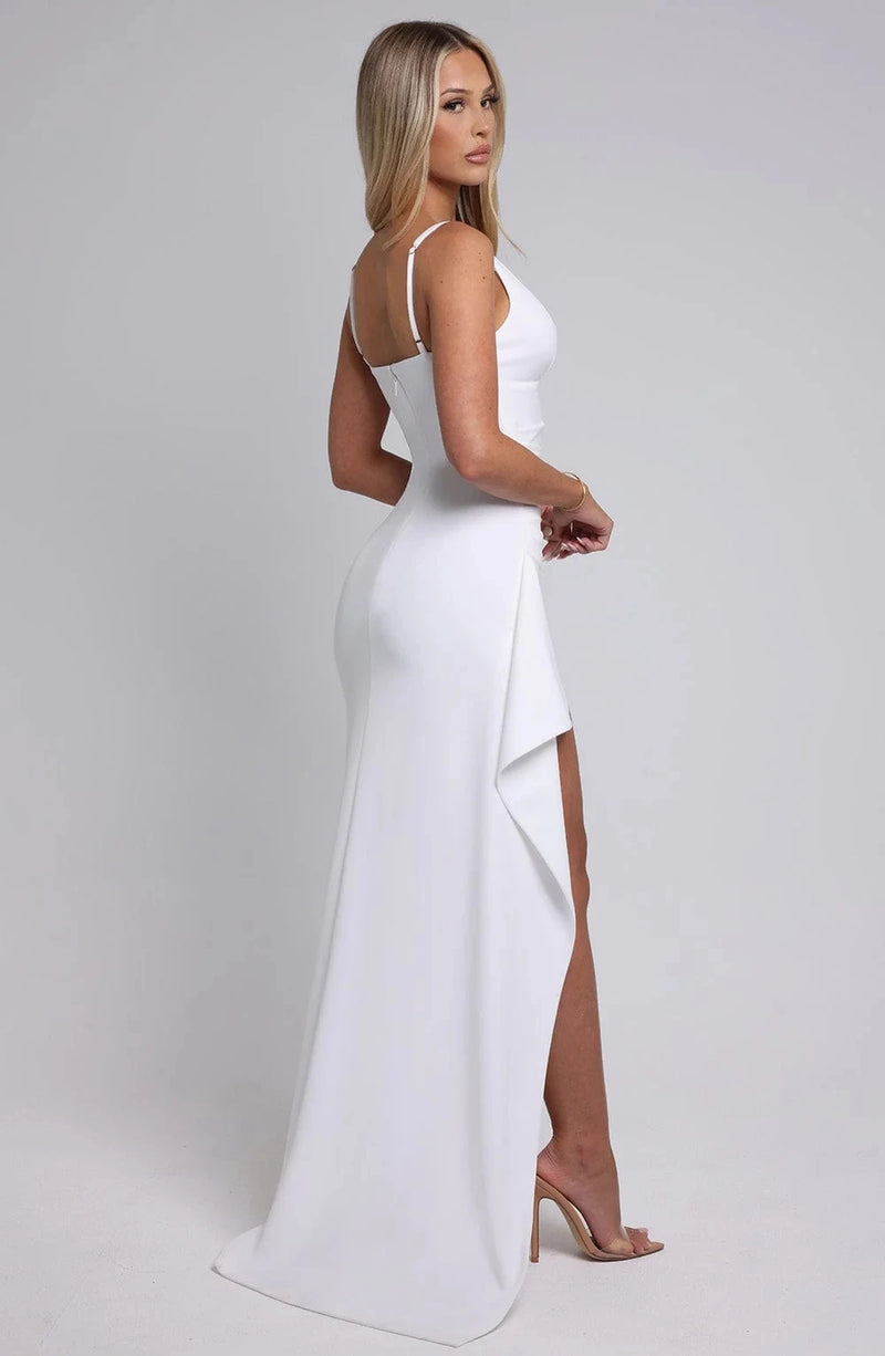 Rovioo White Bodycon Maxi Dress with Deep V-Neck