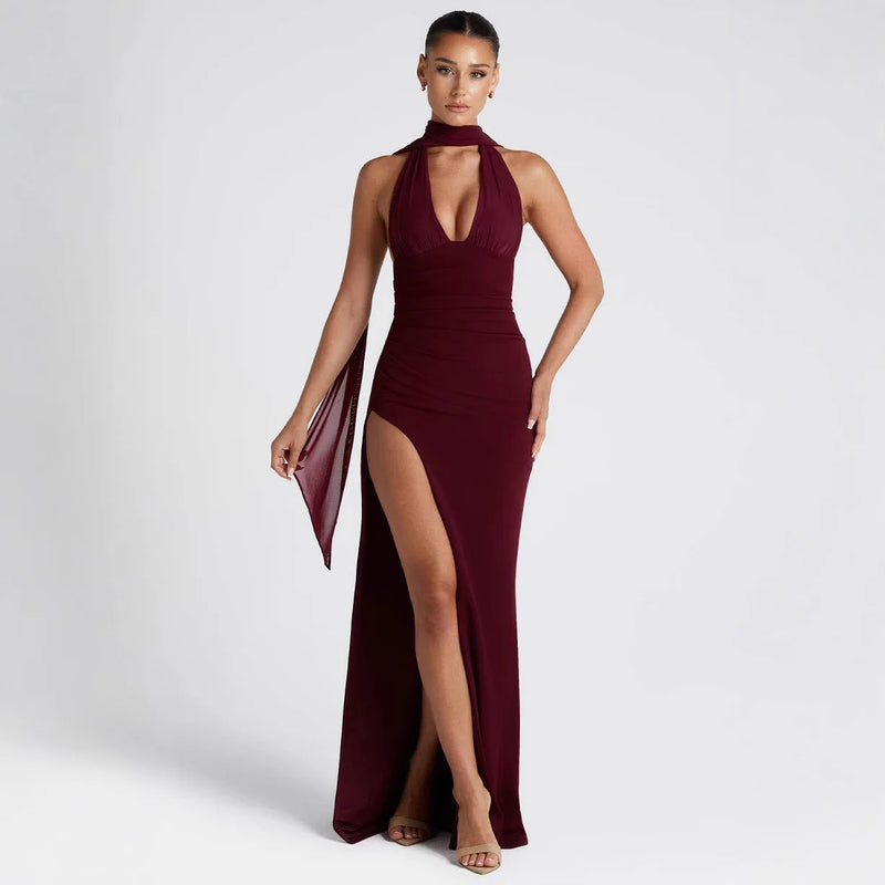 Rovioo Bodycon Maxi Dress with Deep V-Neck