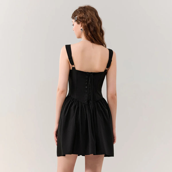 Rovioo Black Linen Button-Front Mini Dress
