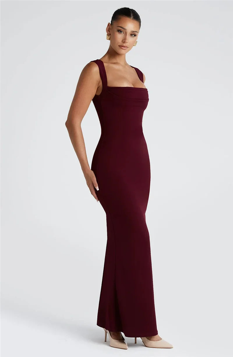 Rovioo Elegant Burgundy Square Neck Bodycon Maxi Dress