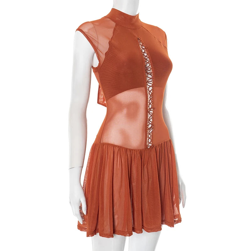 ROVIOO CUTENOVA Women'S Sexy Half High Neck Short Sleeve Chest Wear Rope Hollow Out Lace-Up Patchwork Mesh Yarn Pleated Short Dresses