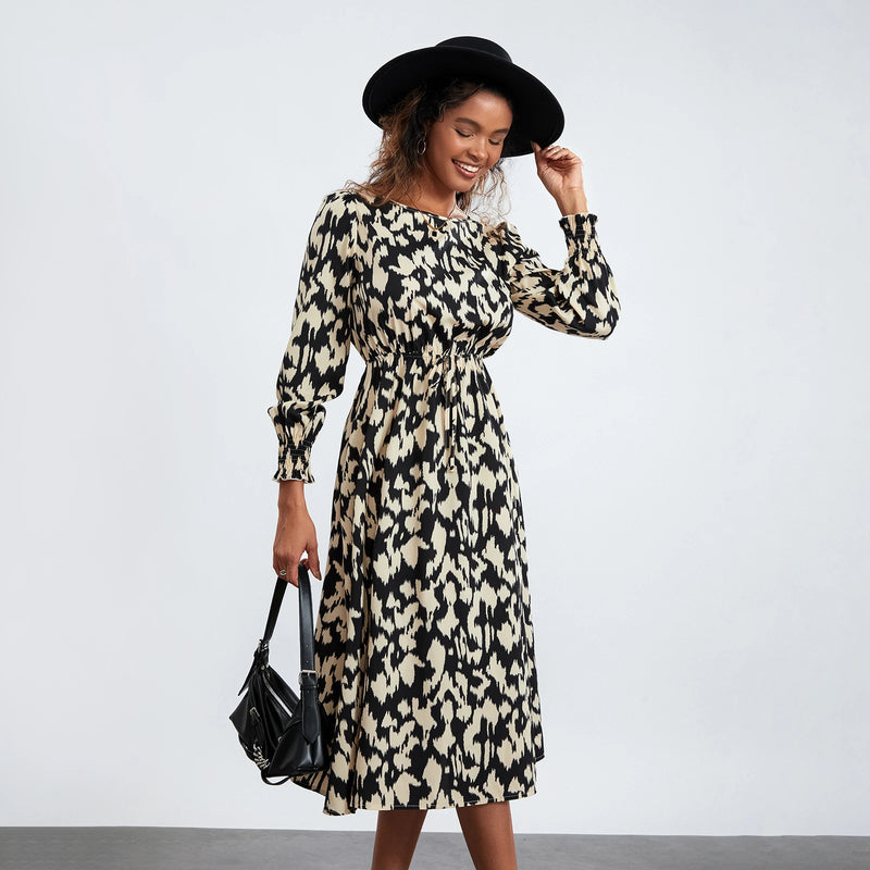 Rovioo Abstract Print Tie-Waist Midi Dress