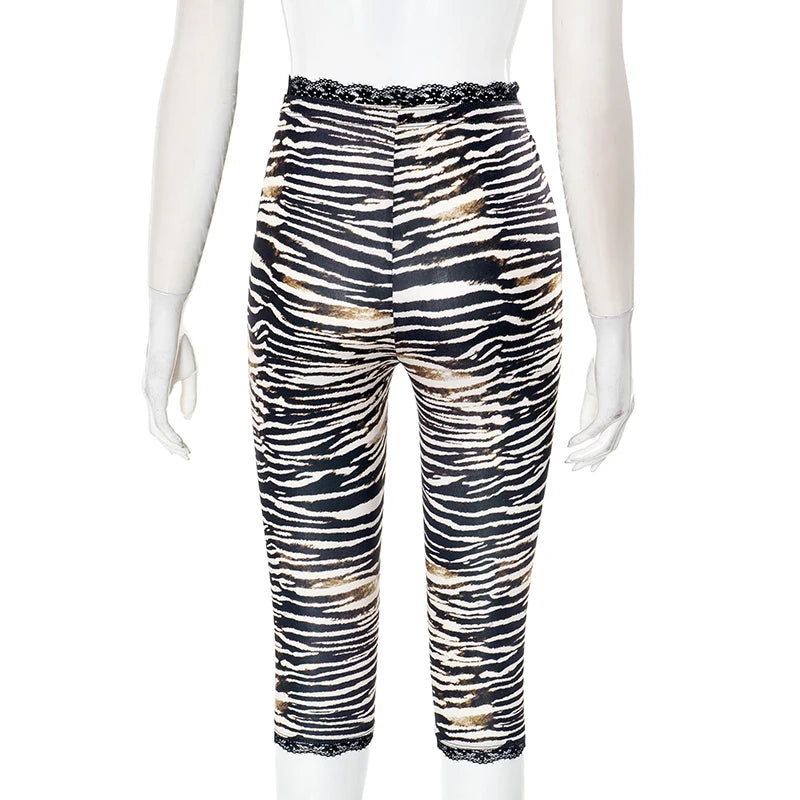 ROVIOO CUTENOVA Sexy Hottie Lace Edge Bow Decoration Leopard Print Slim Seven Pants Summer New Women'S Fashion Street Casual Seven Pant