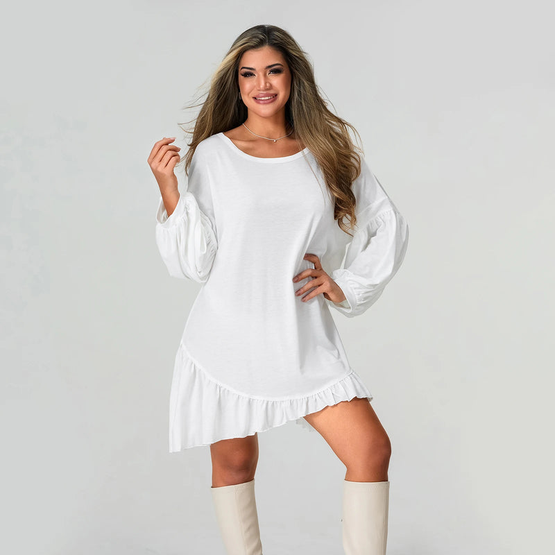 Rovioo White Asymmetric Ruffle Hem Dress with Balloon Sleeves