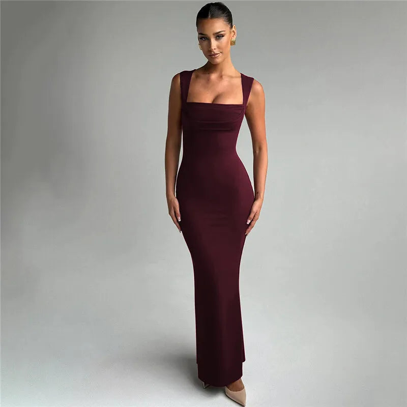 Rovioo Elegant Burgundy Square Neck Bodycon Maxi Dress