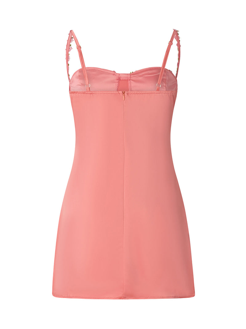 Rovioo Satin Mini Dress with 3D Floral Embellished Straps