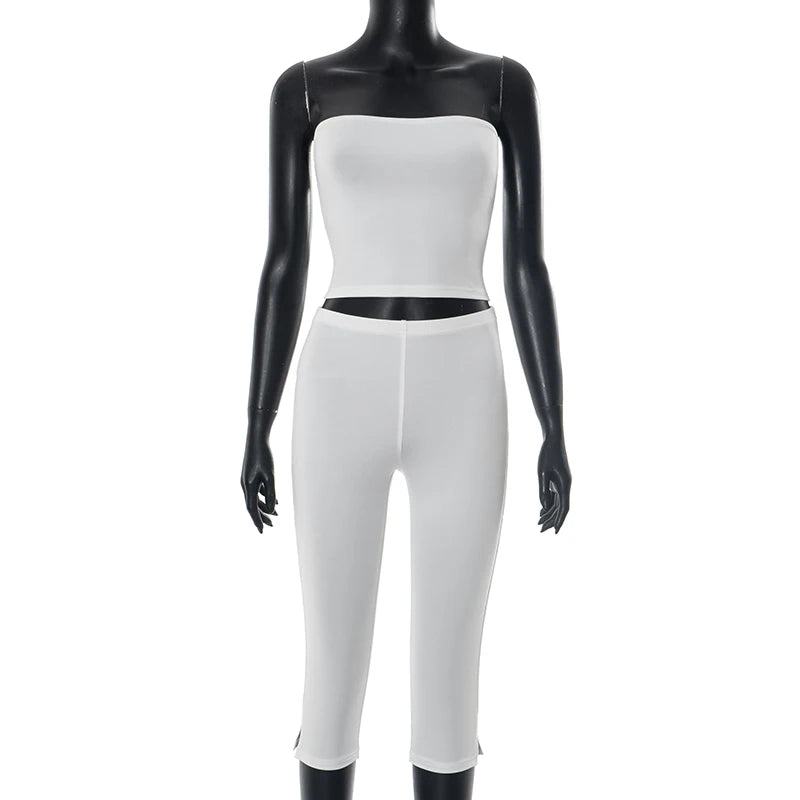 ROVIOO  CUTENOVA Women Spring Summer Solid Color Strapless Set Of Pullover Crop Tank Top + Elastic Waist Open Seven Pants Causal Sets