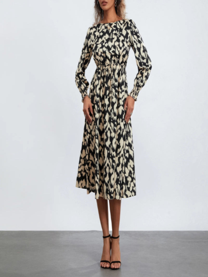 Rovioo Abstract Print Tie-Waist Midi Dress
