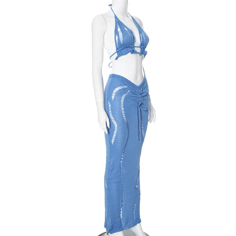 ROVIOO CUTENOVA 2024 Summer Women'S Sexy Hollow Mesh Beah Backless Tops Drawstring Long Skirts Elegant Sexy Party Dresses Club Outfits