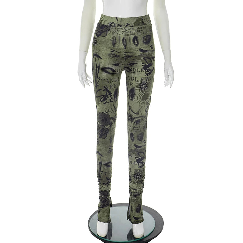 ROVIOO CUTENOVA Women'S Sexy Skinny Slit Abstract Letter Printed High Waist Stretchy Small Leg Split Shrinking Pleated Hem Casual Pants