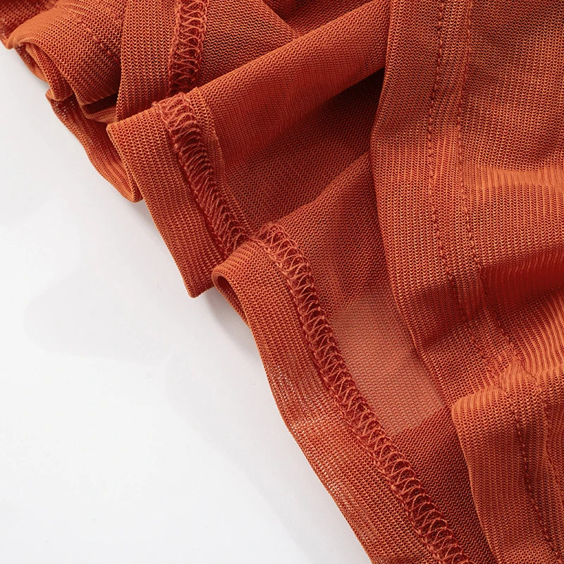 ROVIOO CUTENOVA Women'S Sexy Half High Neck Short Sleeve Chest Wear Rope Hollow Out Lace-Up Patchwork Mesh Yarn Pleated Short Dresses