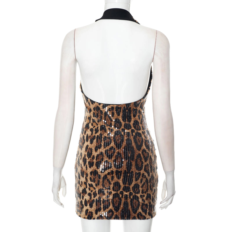 ROVIOO CUTENOVA Sparkle Leopard Print Halter Mini Dress