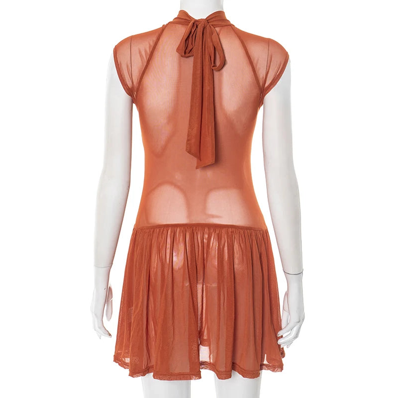 ROVIOO CUTENOVA Women'S Sexy Half High Neck Short Sleeve Chest Wear Rope Hollow Out Lace-Up Patchwork Mesh Yarn Pleated Short Dresses