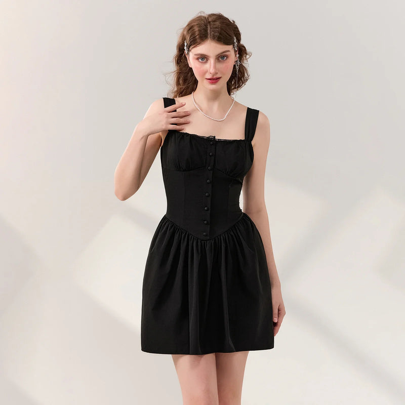 Rovioo Black Linen Button-Front Mini Dress