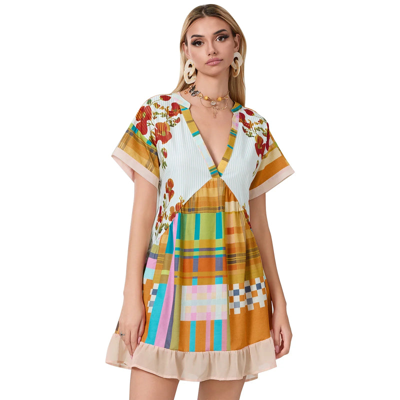 Rovioo Bohemian Floral Print Mini Dress