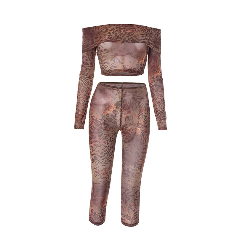 Rovioo CUTENOVA Women’s Floral Leopard Mesh Two-Piece Set