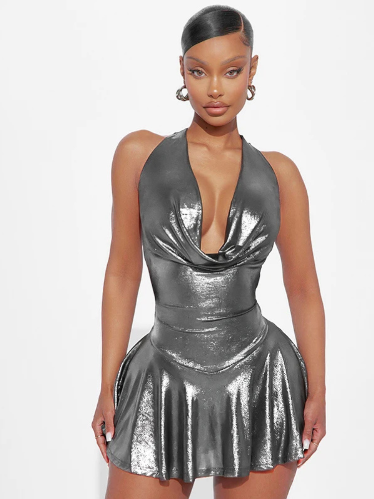 ROVIOO CUTENOVA Metallic Silver Halter Mini Dress