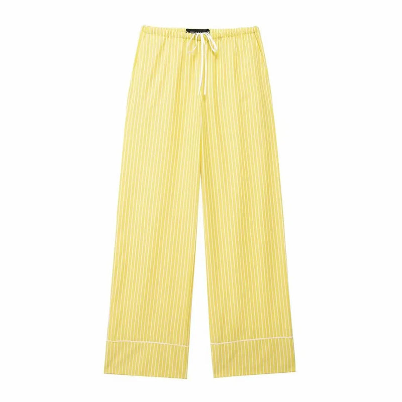 Rovioo Yellow Striped Wide Leg Pants with Drawstring